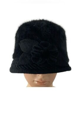 Silverstone Black Angora Blend Bucket Hat Flower Accent One Size Fits most